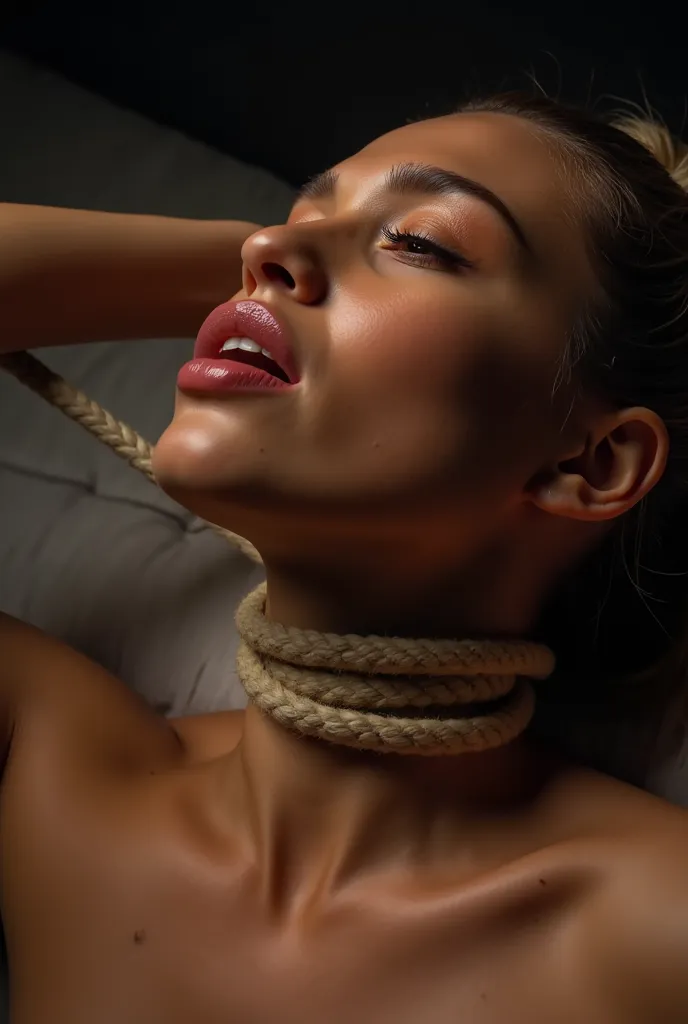 4k hd image of An extreme close up of lip of a brown woman getting choking with a rope on her neck, two hands are pulling the rope hardly,rope on her neck,rope tied her neck,while lying on the bed in a dark room, eyes closed, mouth open, blonde sweaty pony...