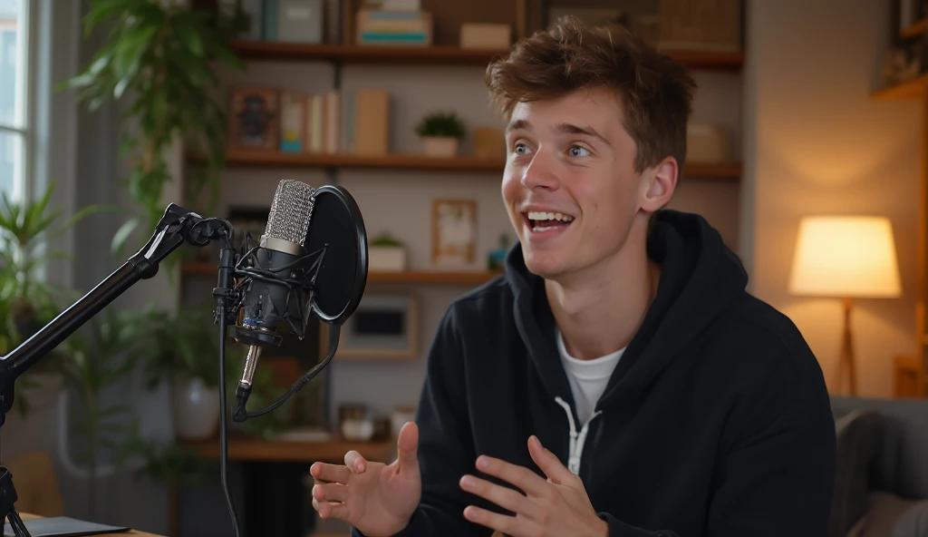 A young man with short brown hair, blue eyes, and a friendly smile is sitting in a modern, cozy home studio. He is wearing a black hoodie over a white t-shirt. He is speaking into a professional podcast microphone mounted on a black adjustable arm, with a ...