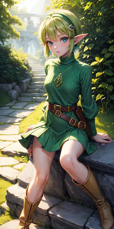 saria(The Legend of Zelda: Ocarina of Time), , small breasts, blue eyes,  yellow-green hair, short hair, green hairband, elf ears, green turtleneck sweater, yellow-green clothes, green long boots, fairy, green belt, brown ocarina, 