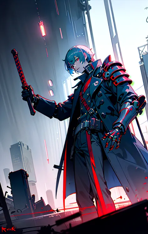 cinq association enforcer, dystopian cyberpunk, pale skin, mechanical left eye (red glow), short silver hair, black tactical mask, dark blue trench coat, metal shoulder armor, chainsword (bloodstained), mechanical exoskeleton arms, ruined city at night, he...