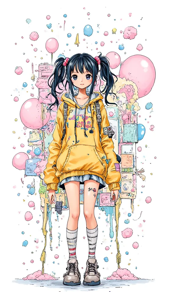 Alone、alone、girl、ultra detailed、pastel art、background is stark white、on3pi3c3styl3、ground、pastel collar、beauties、Big Breasts、adults、(black)hair、twin tails、t-shirt、(gray)ロングjacket、ashamed、 SLR camera 、(Yellow)jacket、clown、28 years old、embarrassed expression...