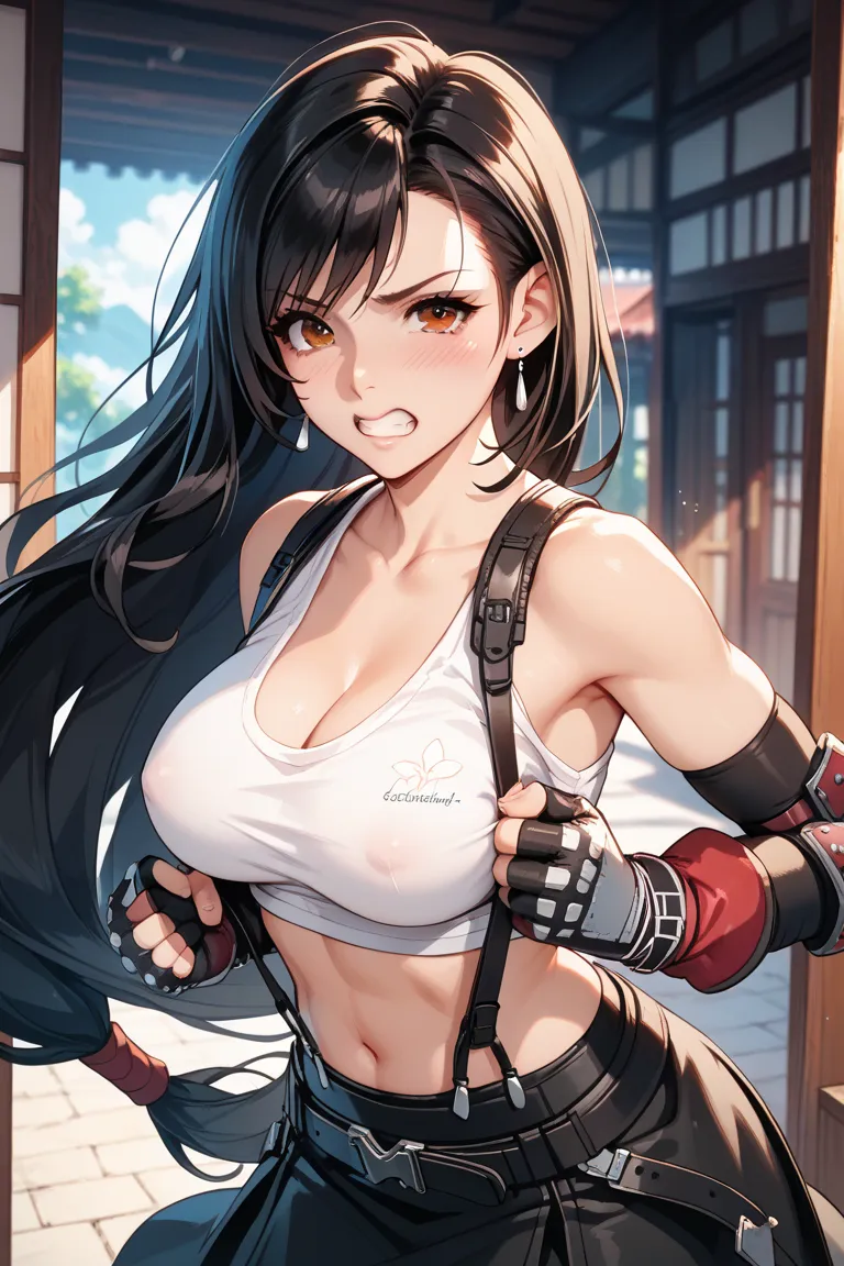 Please generate an image that meets the following criteria.

-A beautiful woman wearing Tifa's costume

-The beautiful woman is Japanese.

・The beautiful woman's body is arched over, and her face is facing upward.

-The beautiful woman is clenching her tee...