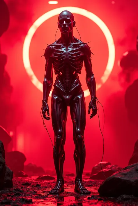 The antichrist of 2096, cyber, neon, perfect metal, reds and crimsons and electricity, horror film, futuristic, reflective metal surfaces, bone fusion