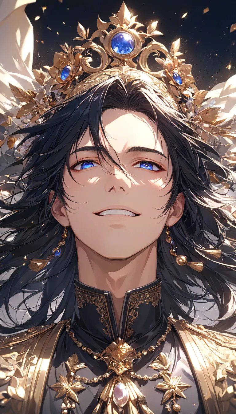  (((Masterpiece))),(((best quality))),A beautiful man with very long black hair and slender face and sharp nose. aristocrat, detailed beautiful face and eyes, elaborately designed clothes, blush, smile, looking up, face focus, close to viewer, cinematic an...