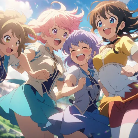 Let's go to another world, anime style, high quality, detailed anime character, group of young female friends, excited expression, flying together in the beautiful sky, cinematic composition, vibrant colors, 4k