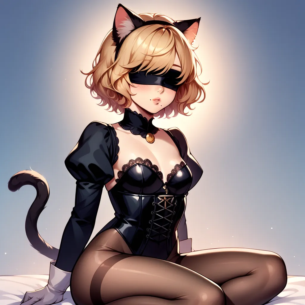 core_9, score_8_up, score_7_up, score_6_up, masterpiece, high quality, (best quality:1.1), realistic , 1girl, wavy short hair, white golden hair, mole, mole under mouth, dark blindfold, covered eyes, dark blindfold, dark lace gloves, long sleeves, dark leo...