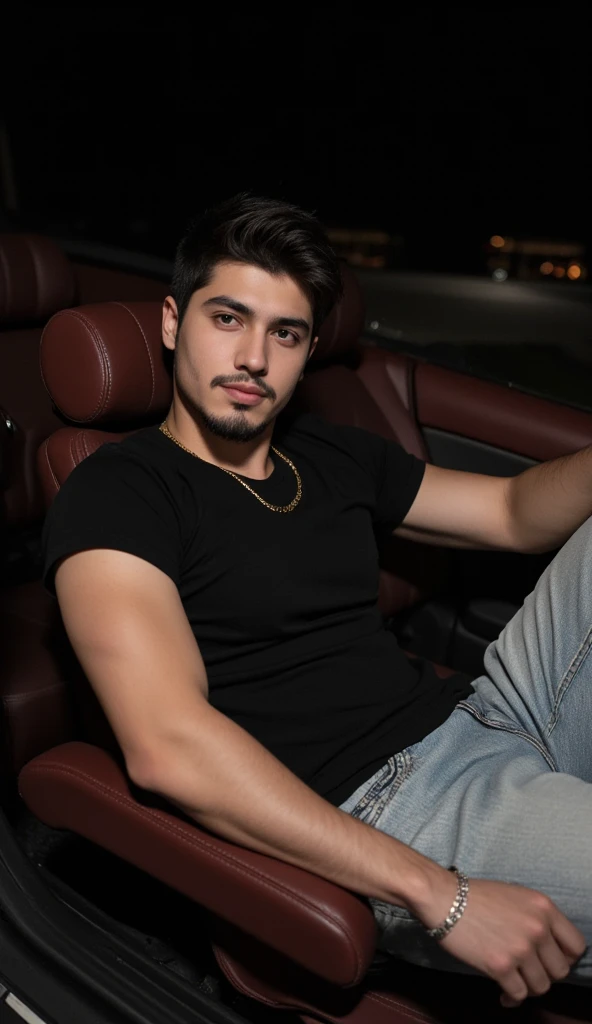 a handsome young turkish guy with muscle, dark very short hair fade middle parting and goatee beard  he wearing a black tshirt and a very light loose jeans and a thin gold chain he sits in a car Amateur photo random picture and location is germany he has v...