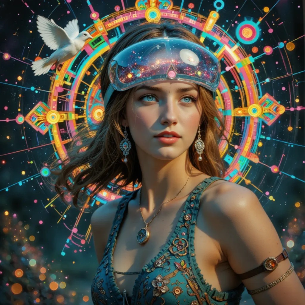 Painting of a woman with a blue green helmet with a slightly transparent visor inside which we see a galaxy and a blue green dress with a watch, inspired by Gaston Bussiere cathedral atmosphere, inspired by Vincent Lefevre with hyperrealistic Art Nouveau t...