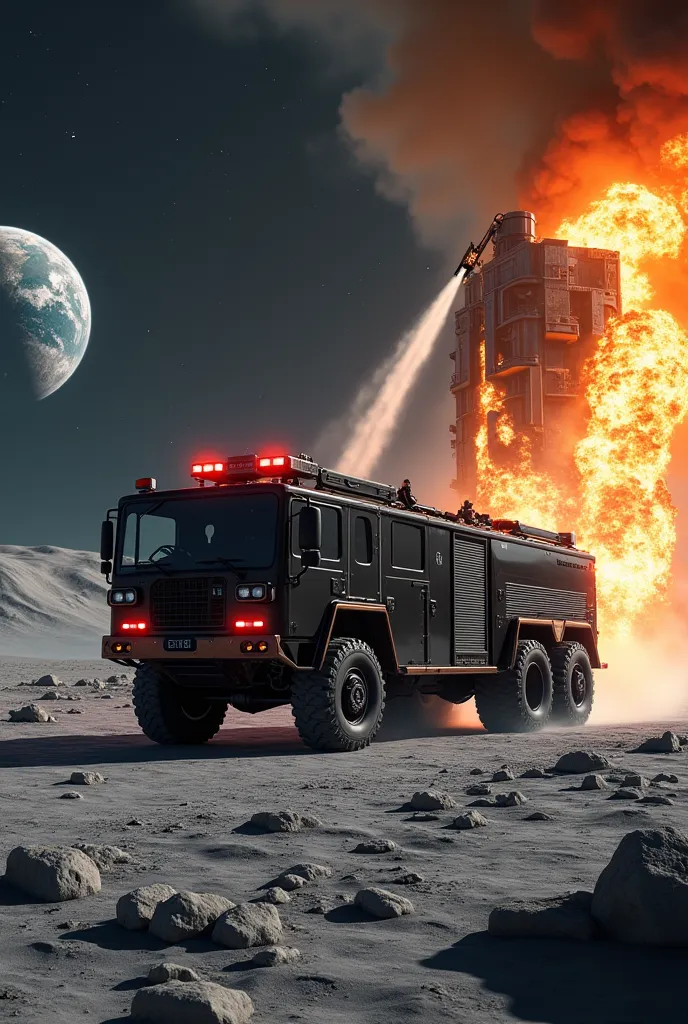 Black fire truck, extinguishes a building on the moon 