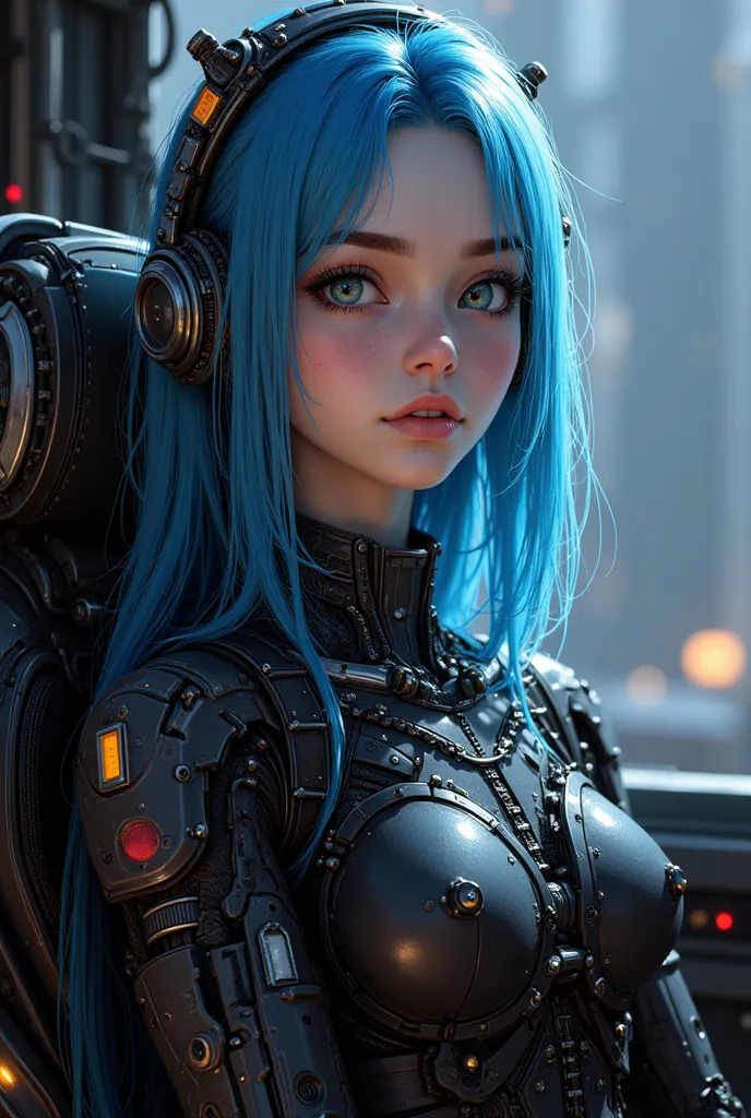 A sci-fi character (full body!) depicting a flawless female pilot mechanic, with such intricate details, sitting in a reclined pilot's seat (full body!), a highly detailed and perfect face, long blue hair and a perfect body (full body!). The character is d...