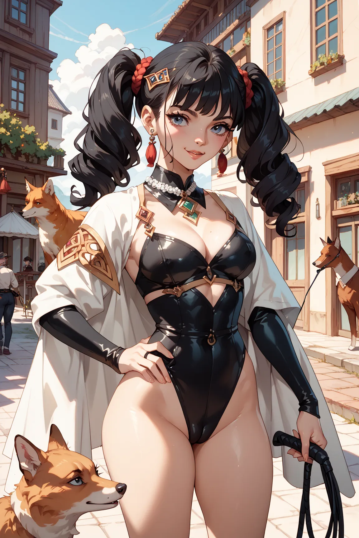 Margaret Else、The Cheat Granted Magician Enjoys a Carefree Second Life、twin tails、 black hair、high leg leotard、Details、Tibetan Foxes, whip