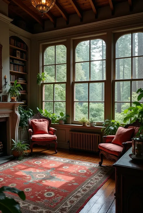 A cozy room in a forest with large windows, creating a serene view of the surrounding nature. The room is designed in an antique style, featuring wooden furniture with intricate carvings, vintage rugs, and soft, warm lighting. The room has a fireplace with...