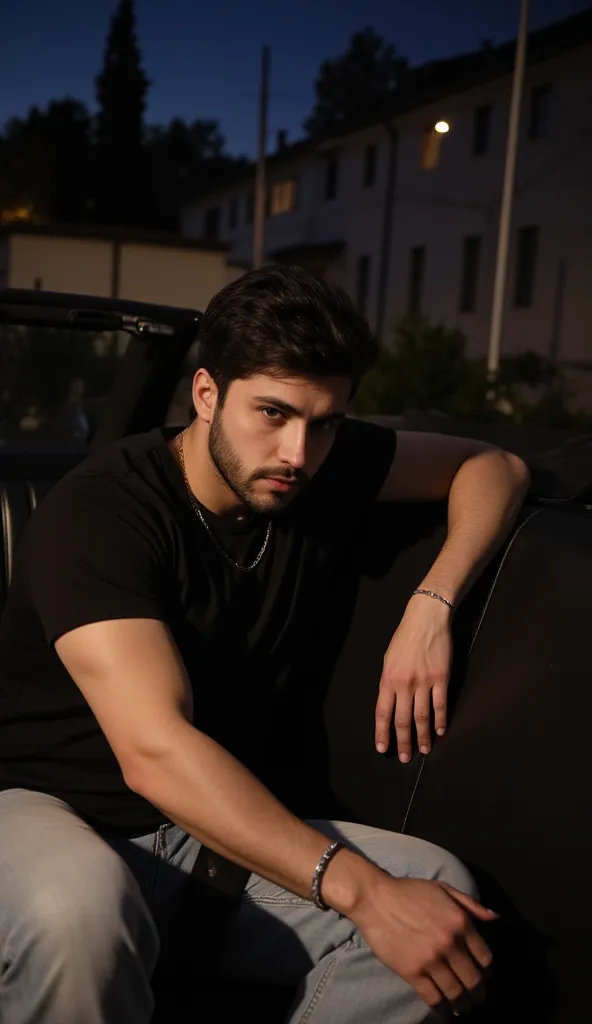 a handsome young turkish guy with muscle, dark very short hair fade middle parting and goatee beard  he wearing a black tshirt and a very light loose jeans and a thin gold chain he sits in a car Amateur photo random picture and location is germany he has v...