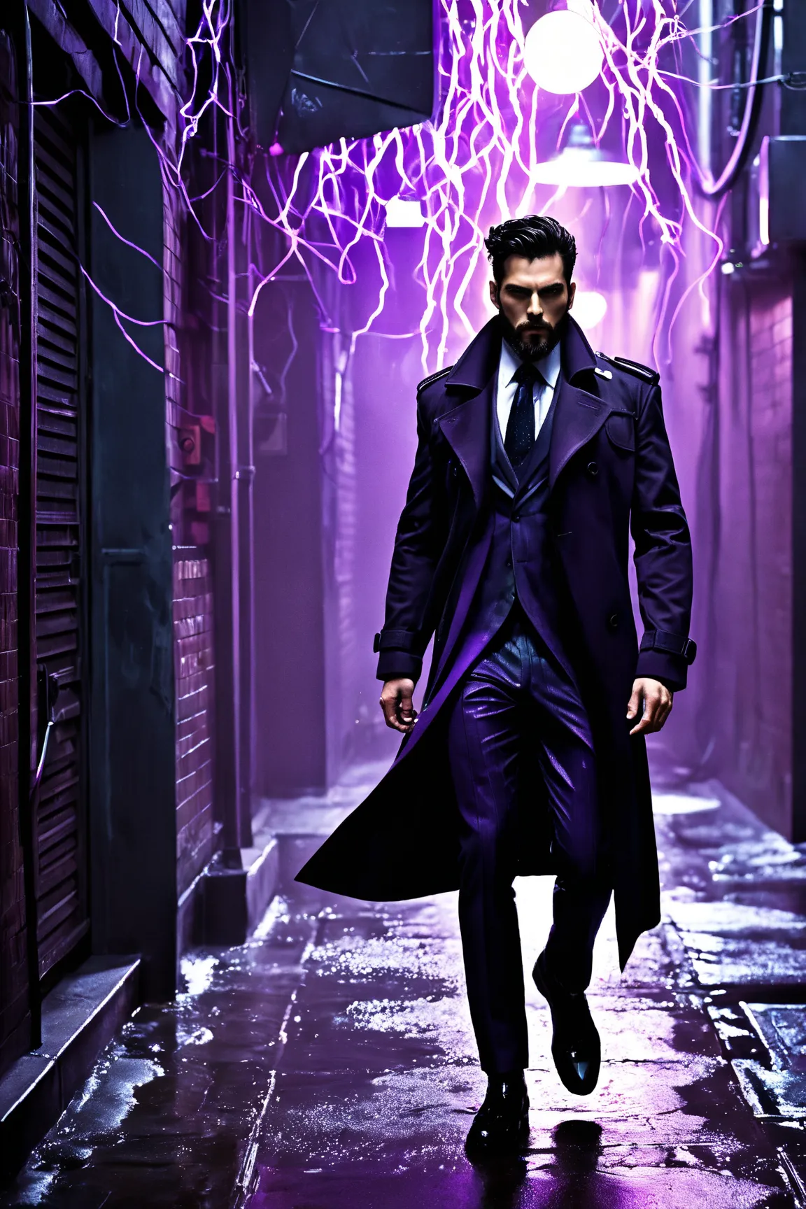 Cyberpunk, futuristic, Handsome man, dark and brooding, black trench coat, business suit, purple arcs of electricity coming from their suit, , dark medium length black hair, stubble beard, bionic arms, organic body, organic legs, walking down a dimly lit a...