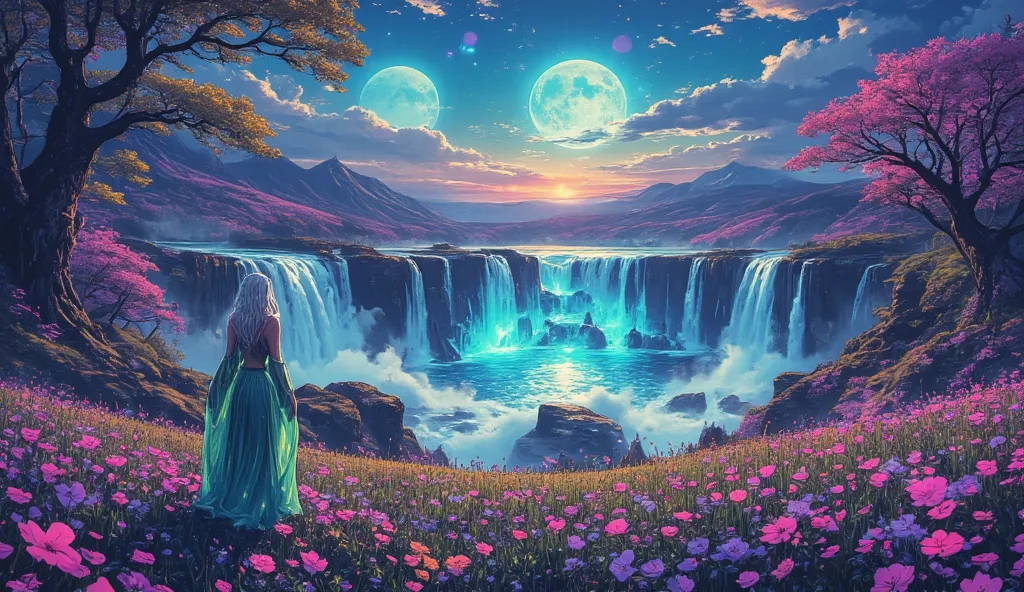 A breathtaking surreal spring landscape under a twilight sky with twin moons, featuring a sprawling meadow of glowing wildflowers in pastel pinks and purples, cascading waterfalls of shimmering light flowing into a crystal-clear lake, floating luminescent ...