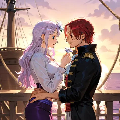 2 person on a pirate ship, 1 man and 1 woman, they are couple. 1 man, red hair, Shnks, shanks \(one piece\), short hair, male focus, few facial hair, pirate clothes.
1 woman with long and light purple hair and looks like Nico Robin with long hair \(one pie...