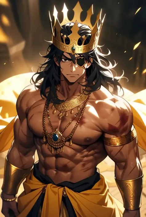 
Generate a well-stocked male anime, bottomless in a shirtless photo pose with a diamond crown