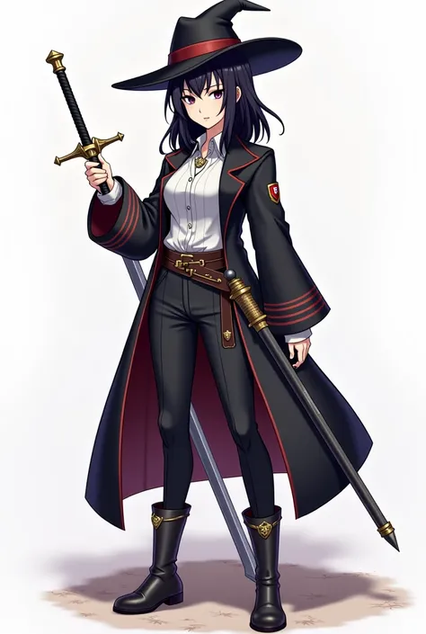 a woman in a hat and coat holding a sword, a character portrait inspired by Okumura Masanobu, pixiv, sots art, black - haired mage, albedo from overlord, from arknights, fus rei, 2 d sprite, lucina from fire emblem, anthropomorphic raven knight, visual nov...