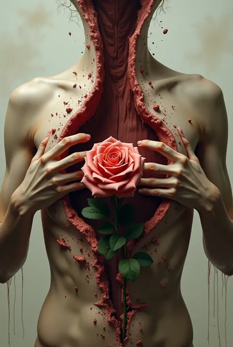 There is a human chest and there is only one sweet rose inside of the chest and a hand is holding  the rose through the chest roughly