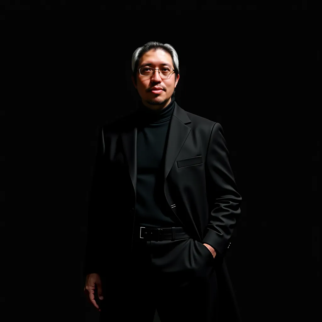 male, asian, 40 years old, wear formal suite. with turtle neck and long coat. black plain background. soft lighting, detail skin. masterpiece