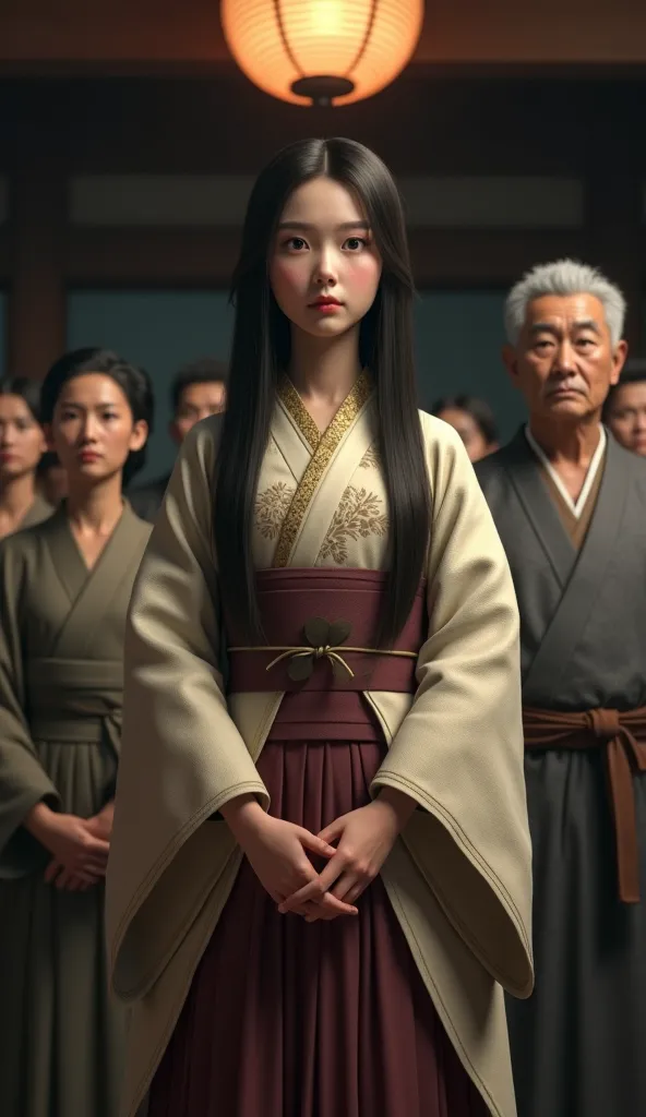 A young woman in a traditional Japanese kimono stands as the focal point of a group portrait, conveying a sense of mystery and reverence.

The image is a digitally rendered portrait, seemingly from a video game or film still, featuring a central figure of ...