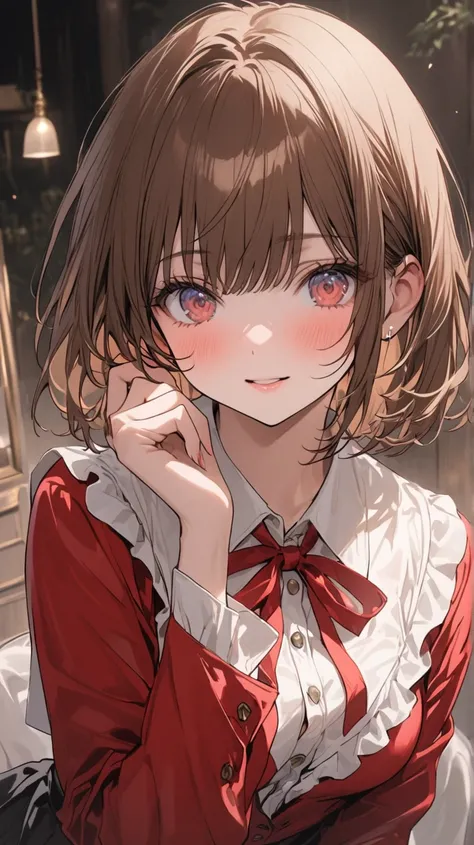 16K Brown Hair Short Bob Haired Gal High School Girl High School Girl Bangs Super Delicate Red Blazer 　 unbuttoned blouse 　白いチェックのスカート 萌え袖 ルーズソックス ローファー 登校 背景通学路🚸 ブロック塀  おはよう 線細め 最高の笑顔   主観 桜　Peek into　Super delicate hands 