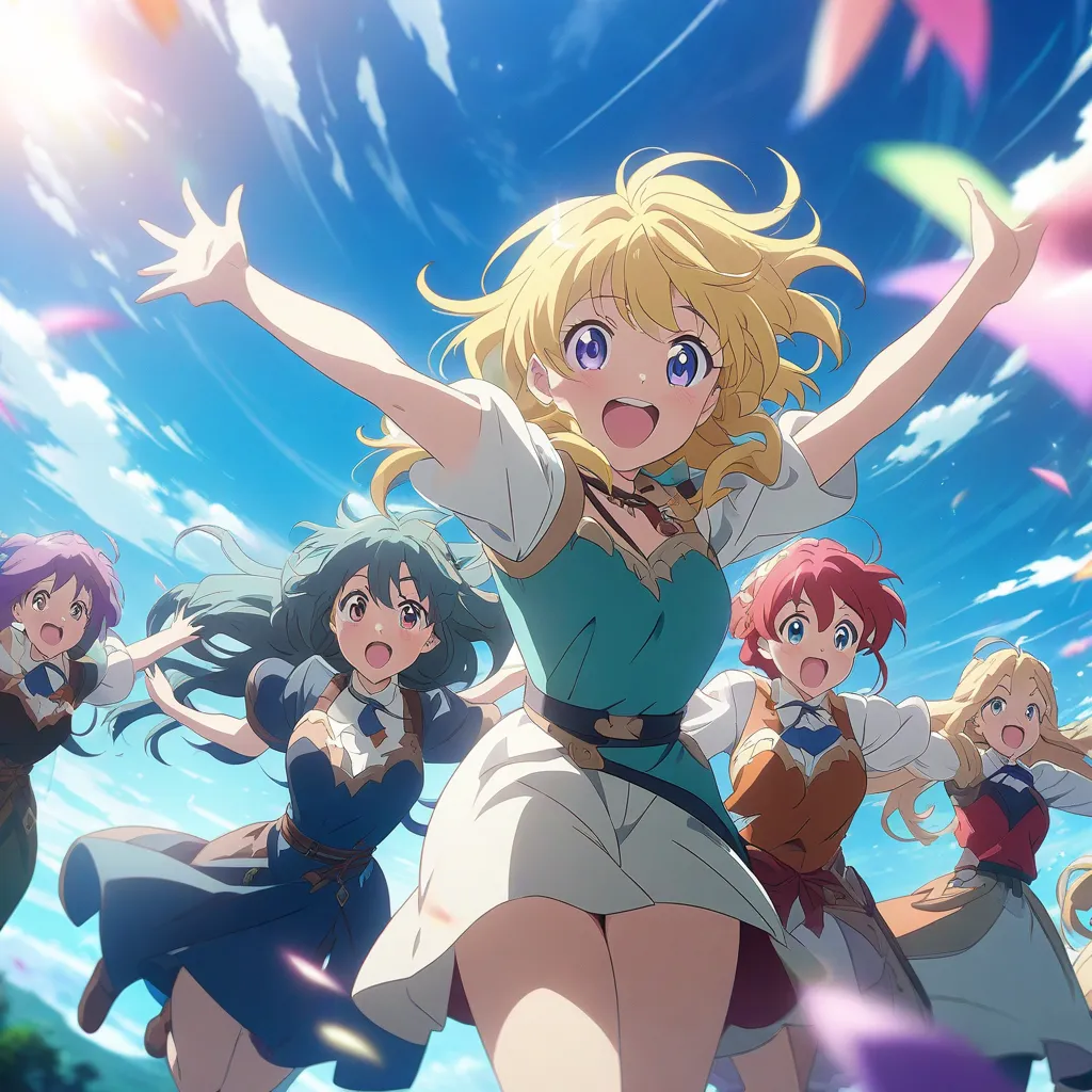 Let's go to another world, anime style, high quality, detailed anime character, group of young female friends, excited expression, flying together in the beautiful sky, cinematic composition, vibrant colors, 4k