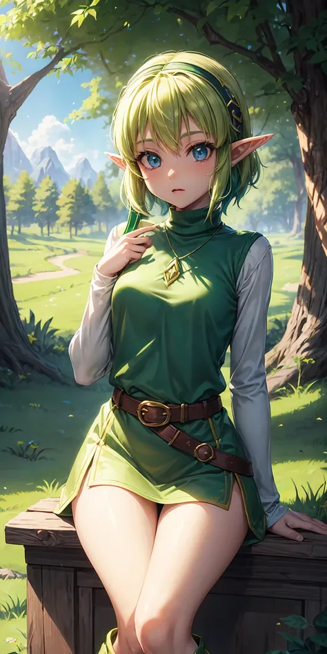 saria(The Legend of Zelda: Ocarina of Time), , small breasts, blue eyes,  yellow-green hair, short hair, green hairband, elf ears, green turtleneck sweater, yellow-green clothes, green long boots, fairy, green belt, brown ocarina, 