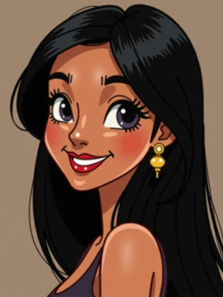  Drawing of a young woman , long black hair, divided her hair and a part of the hair behind her ear,  straight hair,   black eyes,  LONG EYELASHES , dark colored leather, smiling showing her teeth and with a beautiful smile, round and fat face
