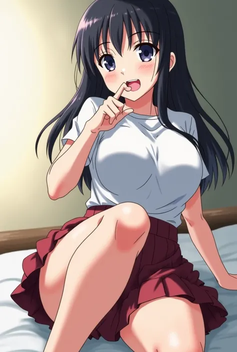  Best quality, anime screenshot, 1 woman, Alone, hinapony , black hair, Byakugan-Augen, Shirt, Mid-width, loose skirt, stupid, large, Breasts , thick muscular thighs, curvy hips, lift her leg up, from below,  Open mouth,  tongue out, saliva, that comes out...