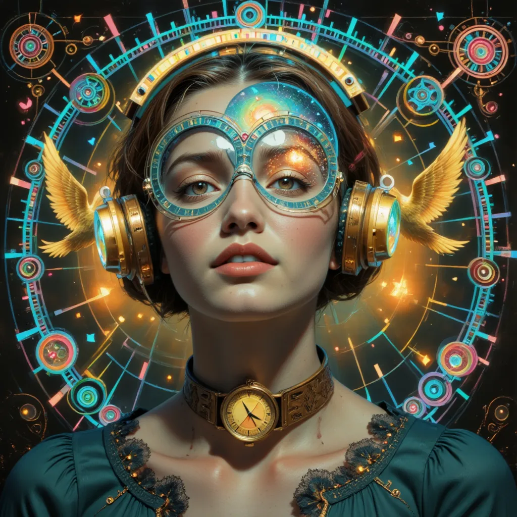 Painting of a woman with a blue green helmet with a slightly transparent visor inside which we see a galaxy and a blue green dress with a watch, inspired by Gaston Bussiere cathedral atmosphere, inspired by Vincent Lefevre with hyperrealistic Art Nouveau t...