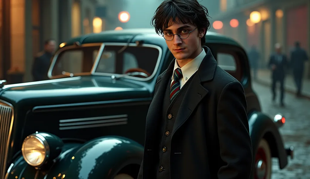 Harry Potter standing next to a vintage 1940's car, in a Clachisex suit and coat, like the mafia