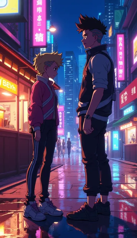 "Kitagawa Marin and Wakana Gojo enjoying a vibrant night street, surrounded by neon lights and a futuristic cyberpunk cityscape. Marin, a stylish blonde girl, wears a trendy street outfit with a confident smile, while Wakana, a fashionable young man, stand...