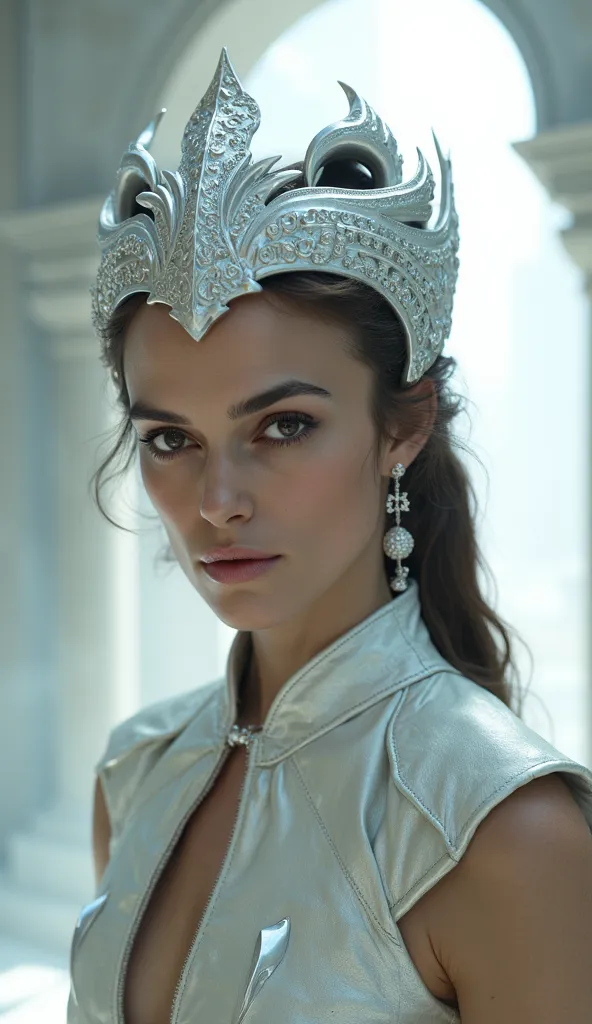 Here's a detailed prompt to generate a super realistic image of Keira Knightley as Ashrah, with her shiny white metallic outfit, in addition to her shiny white metallic hat: "Hyper-realistic close-up of dagal gadot as Ashrah, the redeemed demonic warrior o...