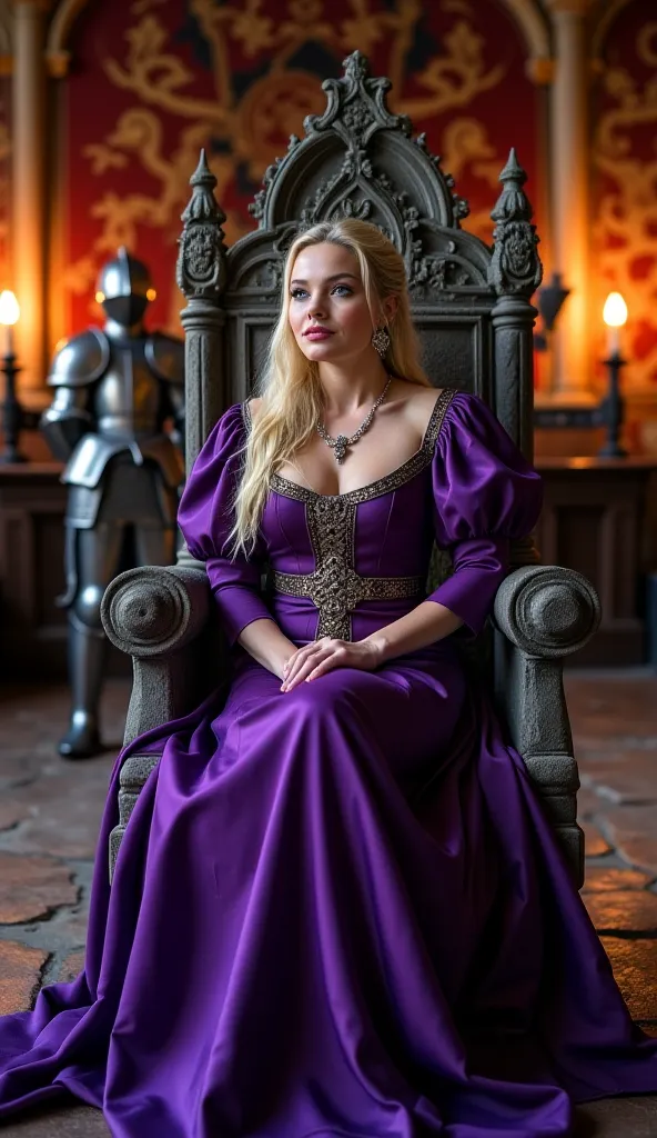 Create an image of a beautiful blonde woman, dressed in a medieval-style gown in Pantone's "Royal Purple," sitting on a stone throne in a ancient castle hall. Photograph her from a slightly elevated angle, with her face illuminated by the warm glow of torc...