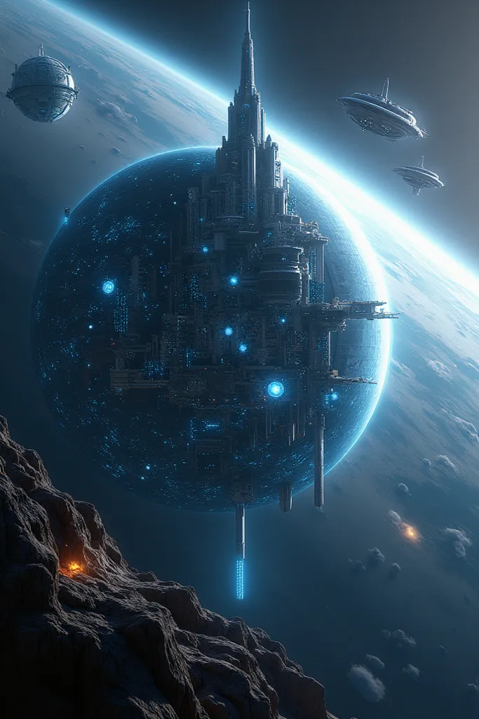 A highly advanced futuristic planet with a metallic surface, glowing with intricate neon-blue energy grids and towering megastructures visible from space. The planet's surface features vast interconnected cities with shimmering, high-tech skyscrapers and o...