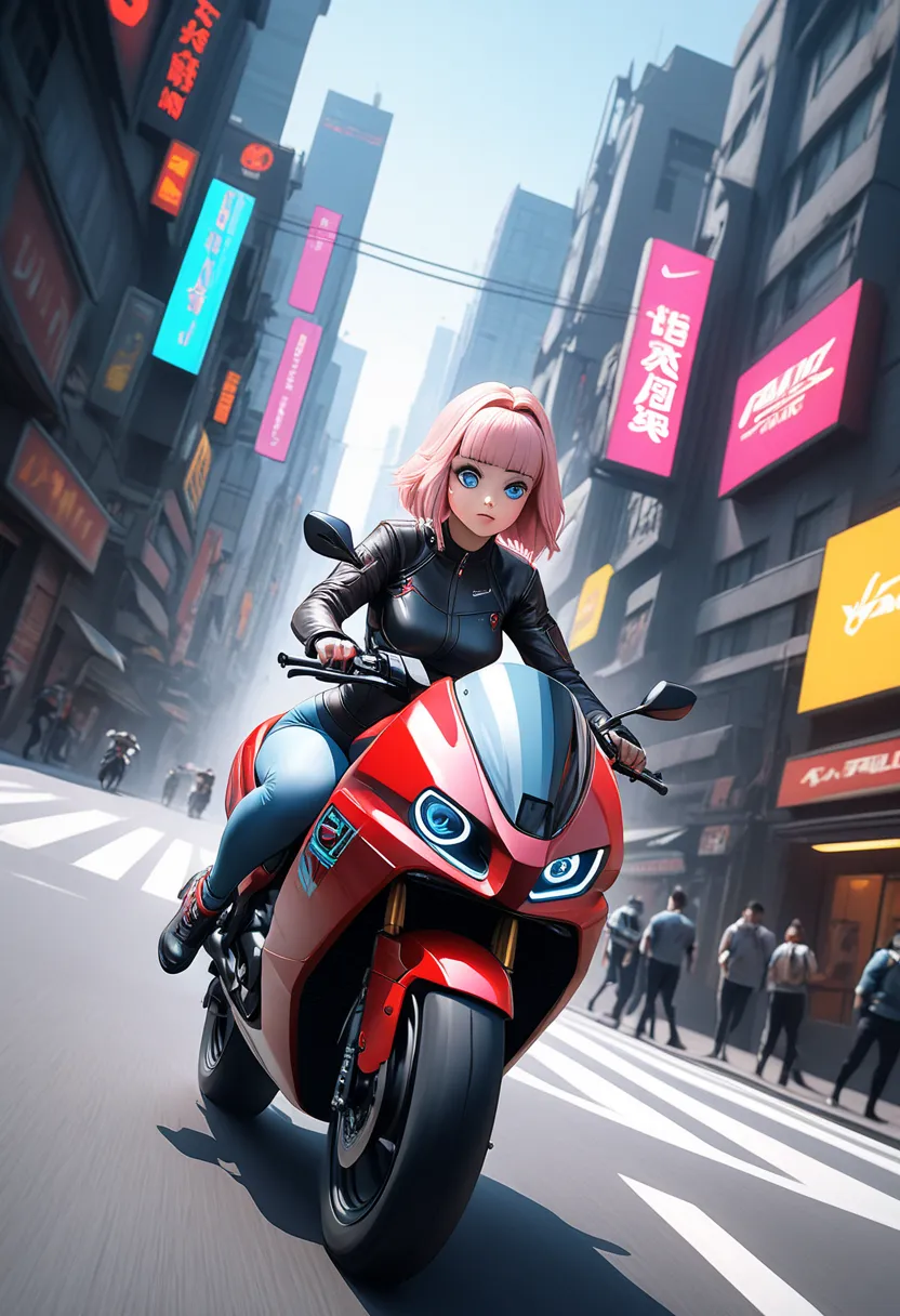 Anime girl riding a motorcycle in the city with the sunset in her background,  Cyberpunk Anime Art , Ride a cyberpunk motorcycle, anime style 4k,  modern cyberpunk anime , digital  Cyberpunk Anime Art , Akira art style, Akira Bike, digital cyberpunk - anim...