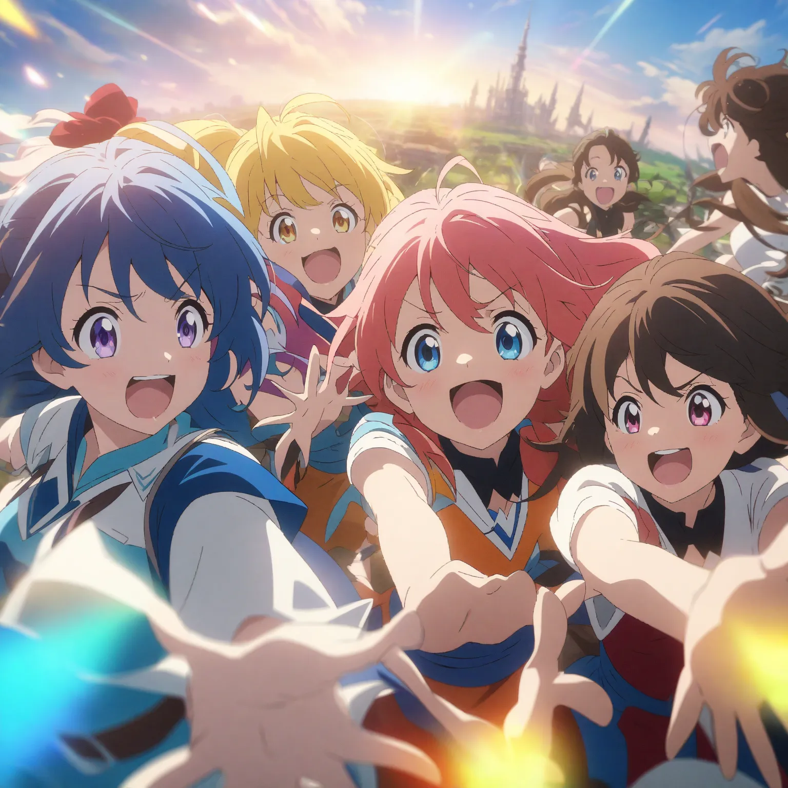 Let's go to another world, anime style, high quality, detailed anime character, group of young female friends, excited expression, flying together in the beautiful sky, cinematic composition, vibrant colors, 4k