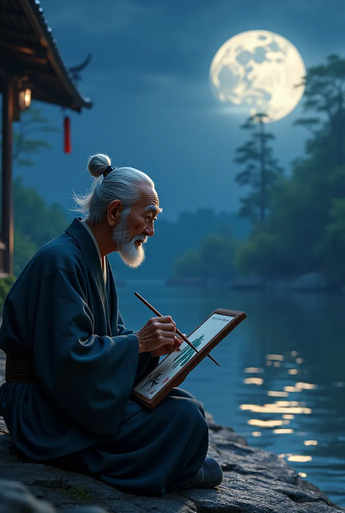 Old Japanese man drawing the moon at night Pixar