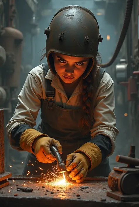 A girl welding with a welding helmet and the right tools