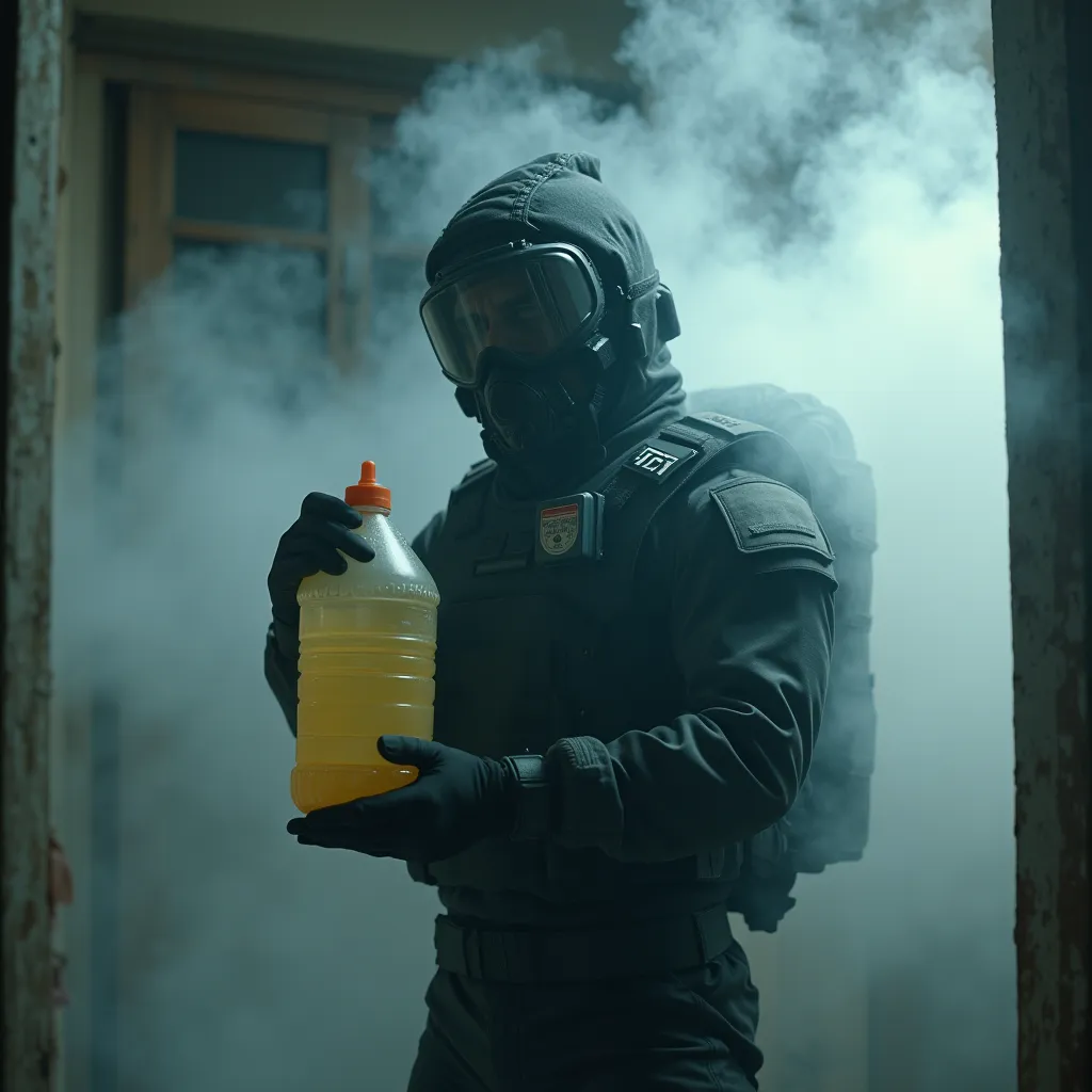 Hyper-realistic cinematic shot, a tough SWAT-style man in black tactical gear holding a huge chlorine bleach bottle. Thick white fumes are coming out of the bottle, causing fabrics in the room to dissolve and shrink in fear. The atmosphere is intense, dram...