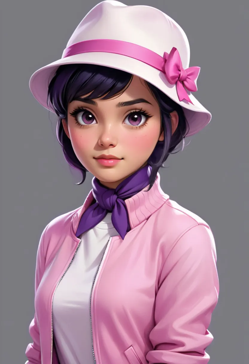 Young woman with short black hair, wearing a white hat with a pink ribbon and bow, dressed in a casual pink jacket over a white shirt, looking directly at the camera, digital paint look, painting 3D,realistic, front light lighting, solid background portrai...