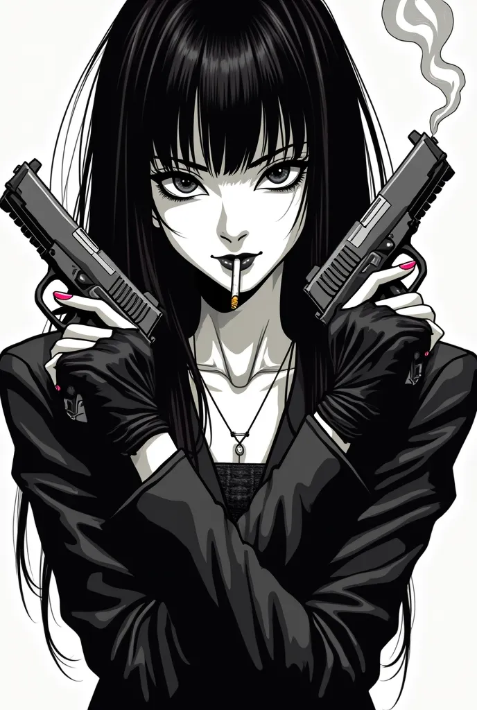 Black and white cartoon of a female manga with dark long straightened hair and dark eyes. A cigarette. A gun in each hand. Uniquement les ongles rose.