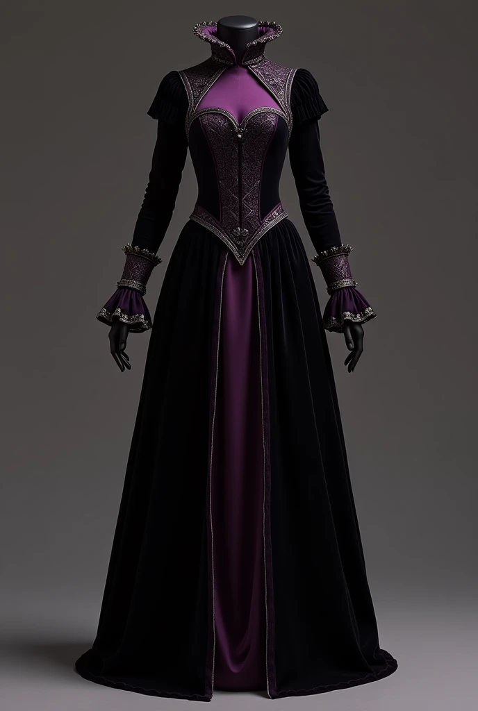 long sleeve medieval dress with collar in the style "canoe" with slit on the front of the skirt black and purple