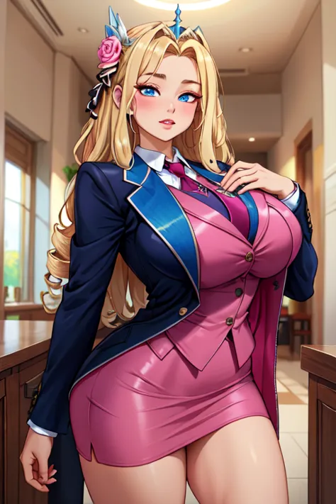 (masterpiece, best quality, absurdres, 4k, aesthetic, detailed, intricate),1girl,nikkecrwn,tiara, hair ribbon, long blonde drill hair, drill locks,cropped jacket,hair flowers,long hair,pink dress,hair ribbons, skirt suit, (((three-piece suit))), necktie, b...