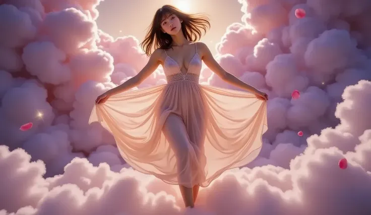 A surreal dreamscape with swirling clouds in shades of purple and orange, illuminated by a glowing, starry sky. A beautiful, sexy woman with long flowing hair appears, her dress made of delicate, translucent fabric, floating gracefully in the air. Her fier...