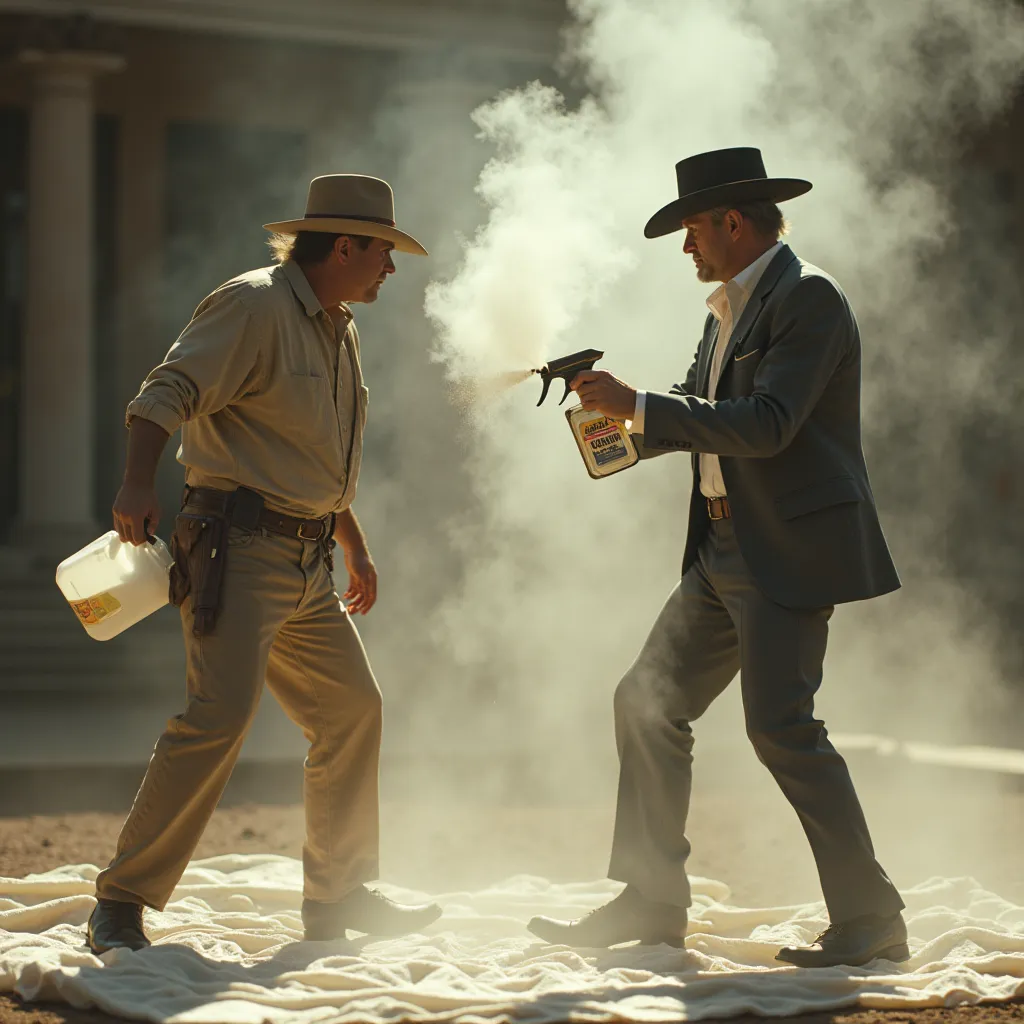 A cinematic Western-style duel scene. One character, rough and careless, dressed in a stained old outfit, wields a chlorine bleach bottle, emitting thick, aggressive white fumes. The other, stylish and composed, dressed in a pristine suit, wields an oxygen...