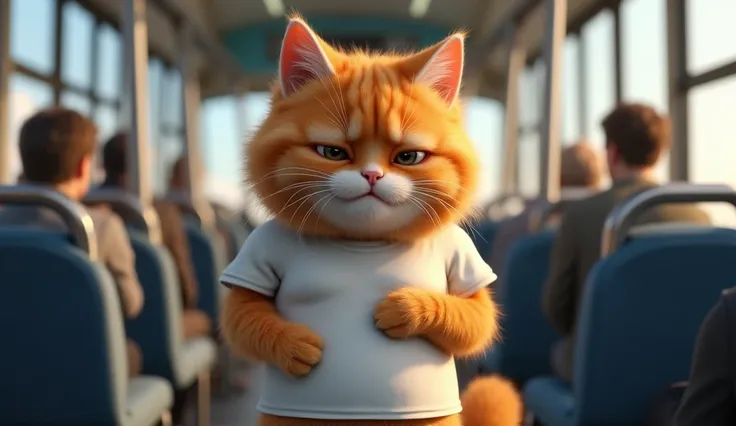 Gemerate an image of an organe relaistic fluffy cat, wearing white t shirt, having stomach ach , placing hand on stomach, sad expressions, standing in a bus