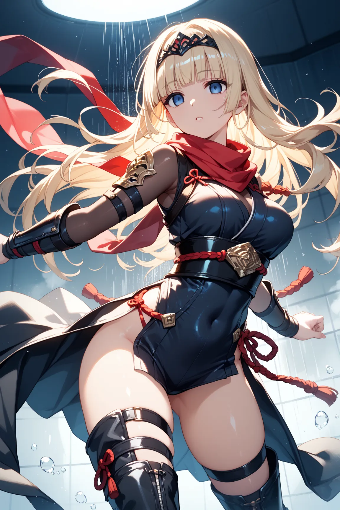 1girl,hime cut,blue eyes,thigh high boots,light blonde long hair,covered navel,empty eyes,dynamic angle,dynamic pose,adult female,red scarf,ninja slayer,black ninja mask,black tiara,empty eyes,shiny hair,game cg,take a shower,palms gathering in front of ch...