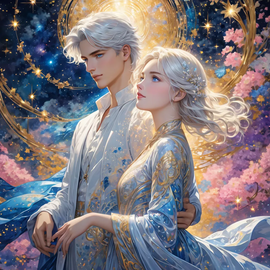 Manga style Surrealism， Details rich，8k is a breathtaking romantic style digital painting，depicts a beautiful blonde woman（Vika），She has long silver-white hair and sharp blue eyes，standing in a translucent male figure woven by luminous code（Dante）beside。 他...